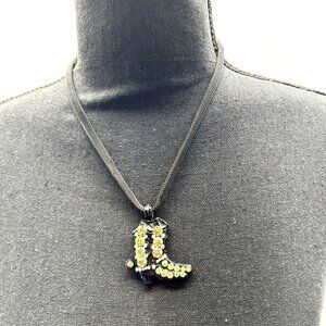 Vintage Green Rhinestone Bejeweled Cowgirl Boot Necklace Black Mesh Chain